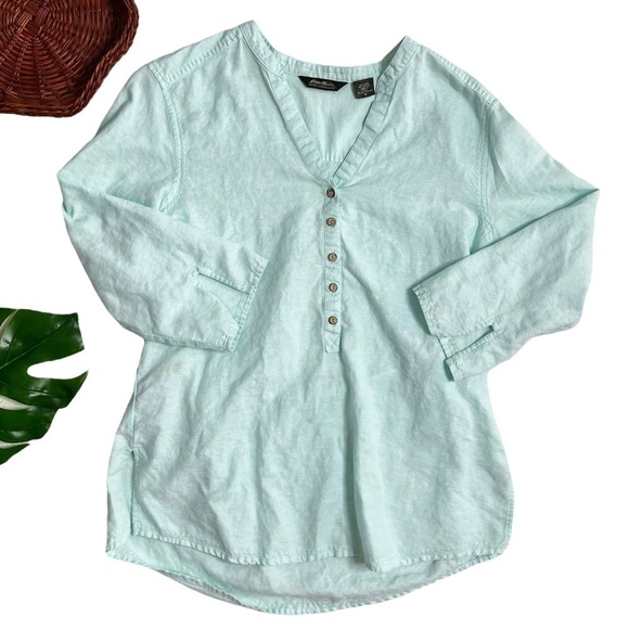 Eddie Bauer Y2K Mint Green Linen 1/2 button 3/4 Sleeve Blouse Shirt Size Medium - Picture 14 of 14